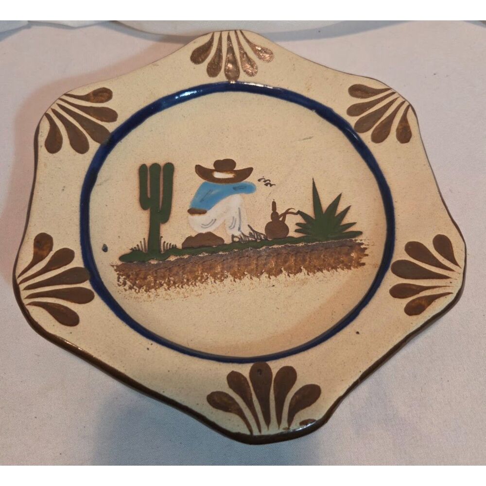 Vintage Mexico Pottery Plate Hand Painted Folk Art Cactus Desert 10"